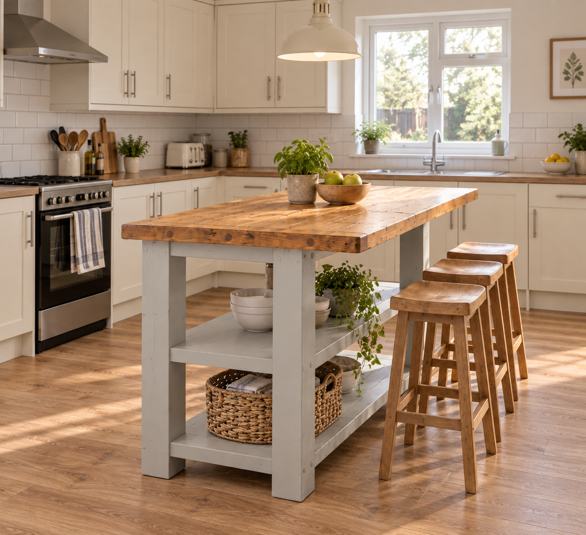 PEMBREY Light Grey Kitchen Island With Overhang / Breakfast Bar / Rustic Island