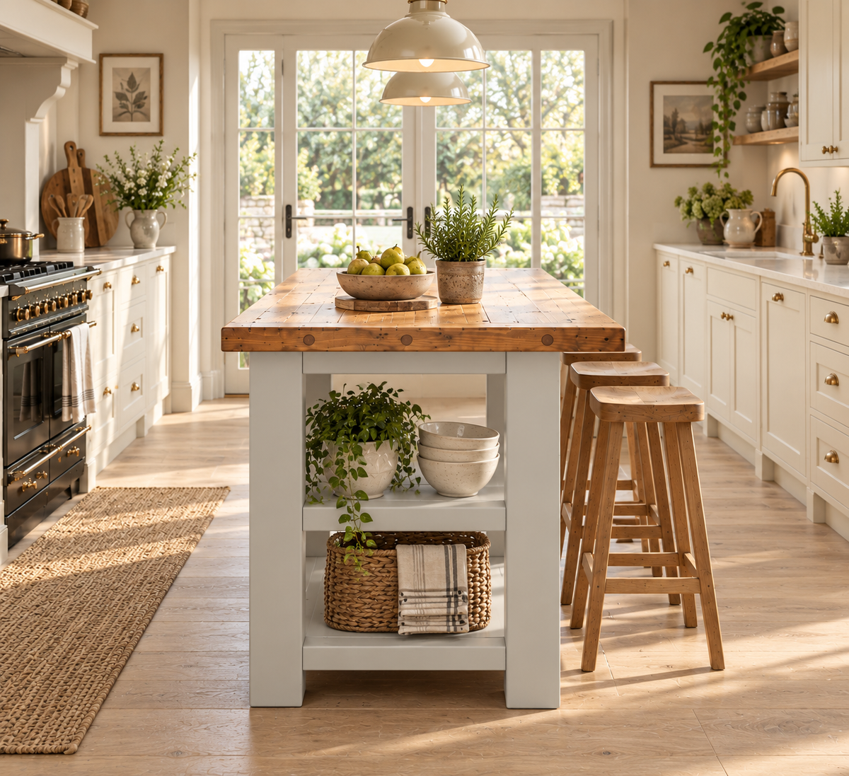 PEMBREY Light Grey Kitchen Island With Overhang / Breakfast Bar / Rustic Island