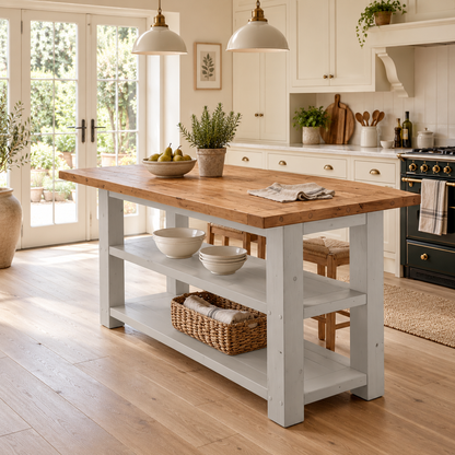 PEMBREY Light Grey Kitchen Island With Overhang / Breakfast Bar / Rustic Island