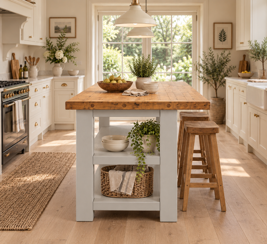 PEMBREY Light Grey Kitchen Island With Overhang / Breakfast Bar / Rustic Island