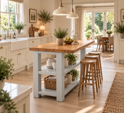 PEMBREY Light Grey Kitchen Island With Overhang / Breakfast Bar / Rustic Island