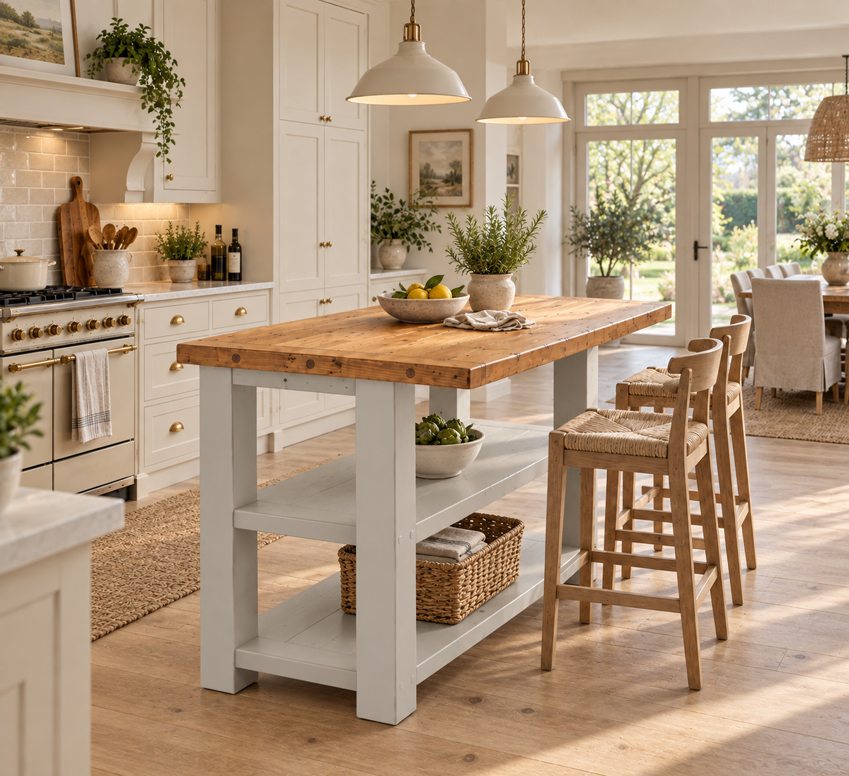 PEMBREY Light Grey Kitchen Island With Overhang / Breakfast Bar / Rustic Island