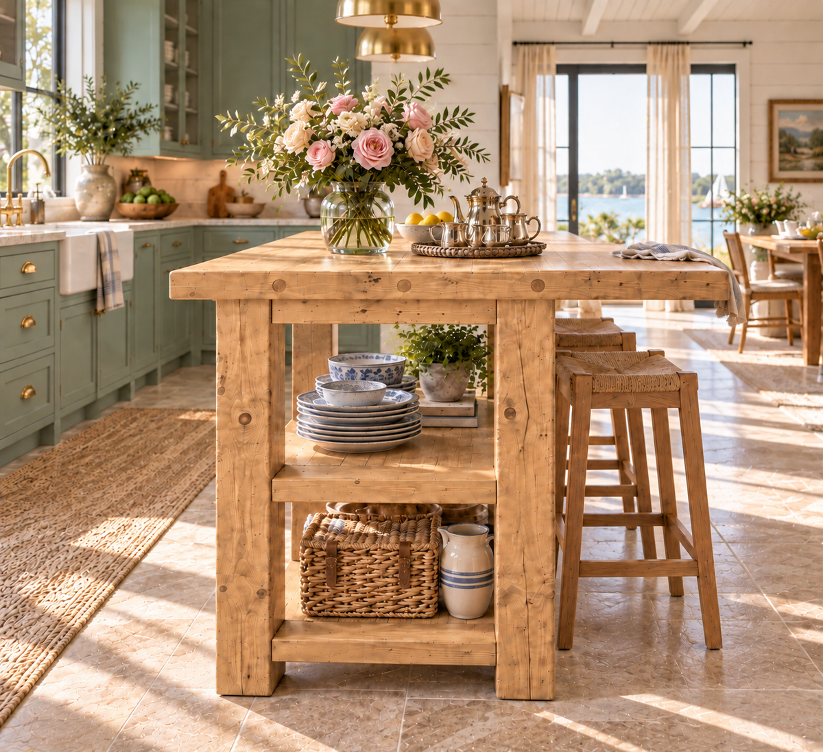 PEMBREY Light Oak Colour Kitchen Island With Overhang / Breakfast Bar / Rustic Island