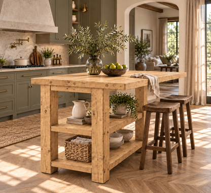 PEMBREY Light Oak Colour Kitchen Island With Overhang / Breakfast Bar / Rustic Island