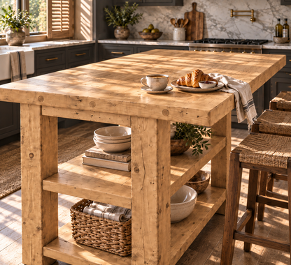 PEMBREY Light Oak Colour Kitchen Island With Overhang / Breakfast Bar / Rustic Island