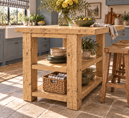 PEMBREY Light Oak Colour Kitchen Island With Overhang / Breakfast Bar / Rustic Island