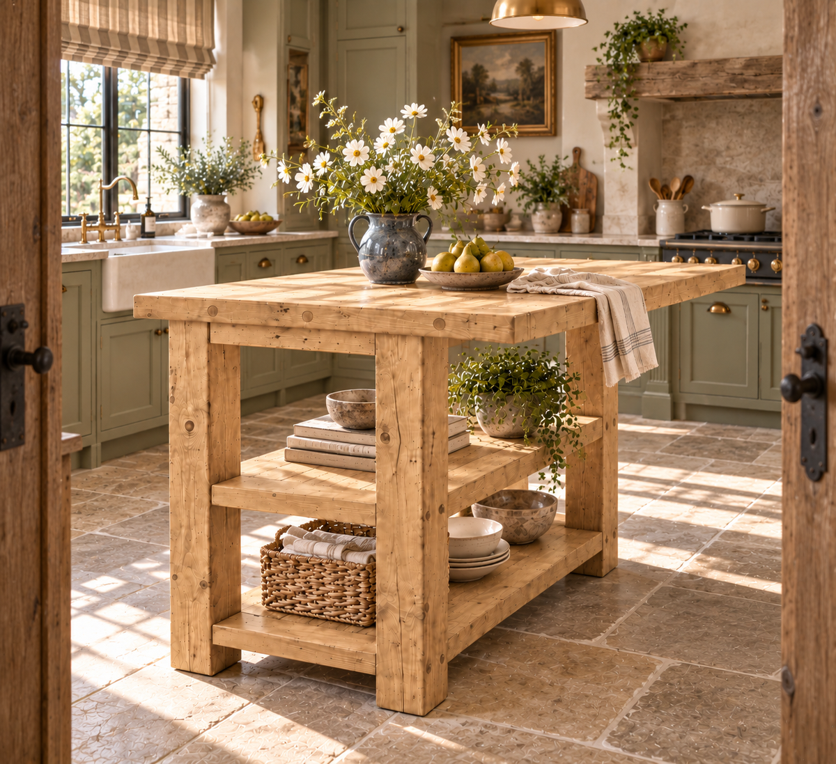 PEMBREY Light Oak Colour Kitchen Island With Overhang / Breakfast Bar / Rustic Island
