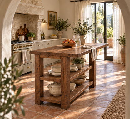 PEMBREY Walnut Colour Kitchen Island With Overhang / Breakfast Bar / Rustic Island
