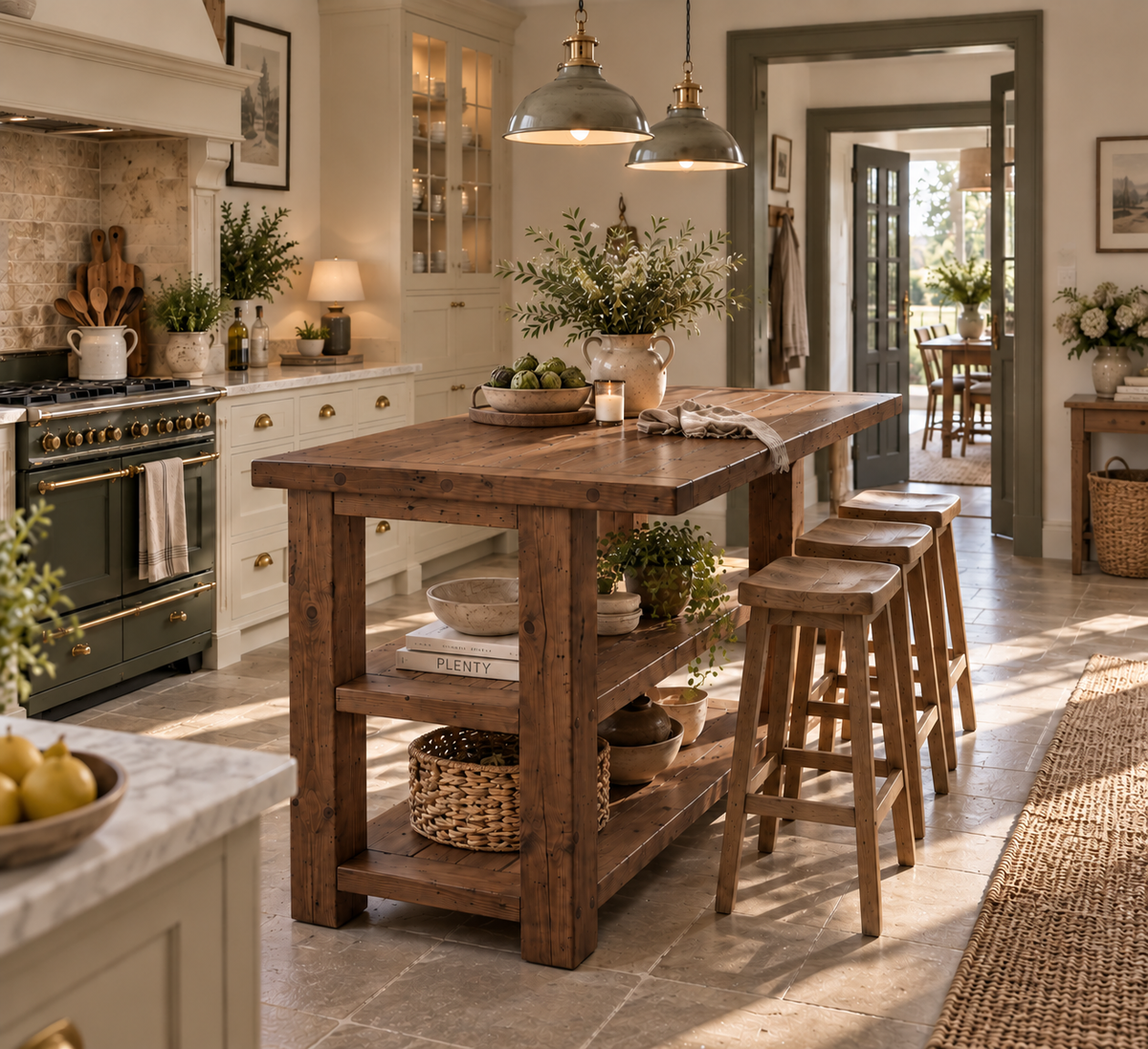 PEMBREY Walnut Colour Kitchen Island With Overhang / Breakfast Bar / Rustic Island