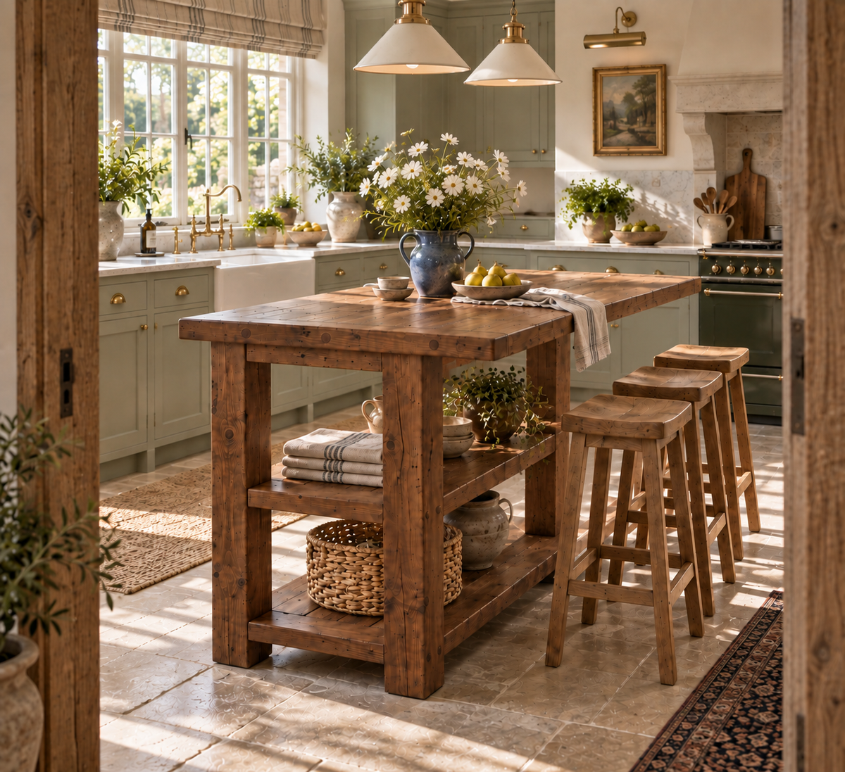 PEMBREY Walnut Colour Kitchen Island With Overhang / Breakfast Bar / Rustic Island