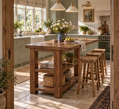 PEMBREY Walnut Colour Kitchen Island With Overhang / Breakfast Bar / Rustic Island