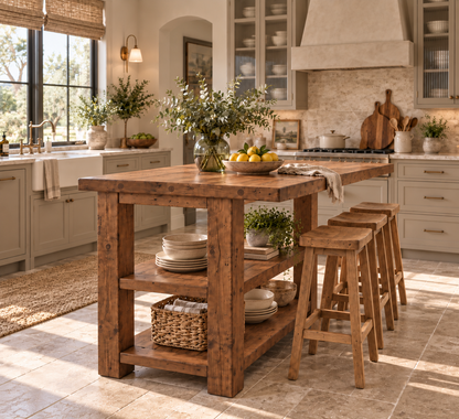 PEMBREY Walnut Colour Kitchen Island With Overhang / Breakfast Bar / Rustic Island