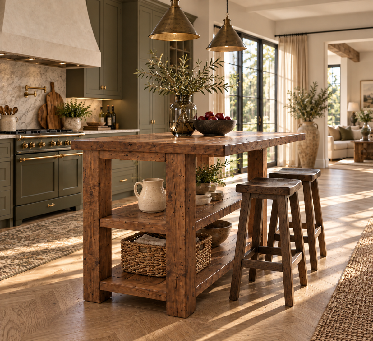 PEMBREY Walnut Colour Kitchen Island With Overhang / Breakfast Bar / Rustic Island