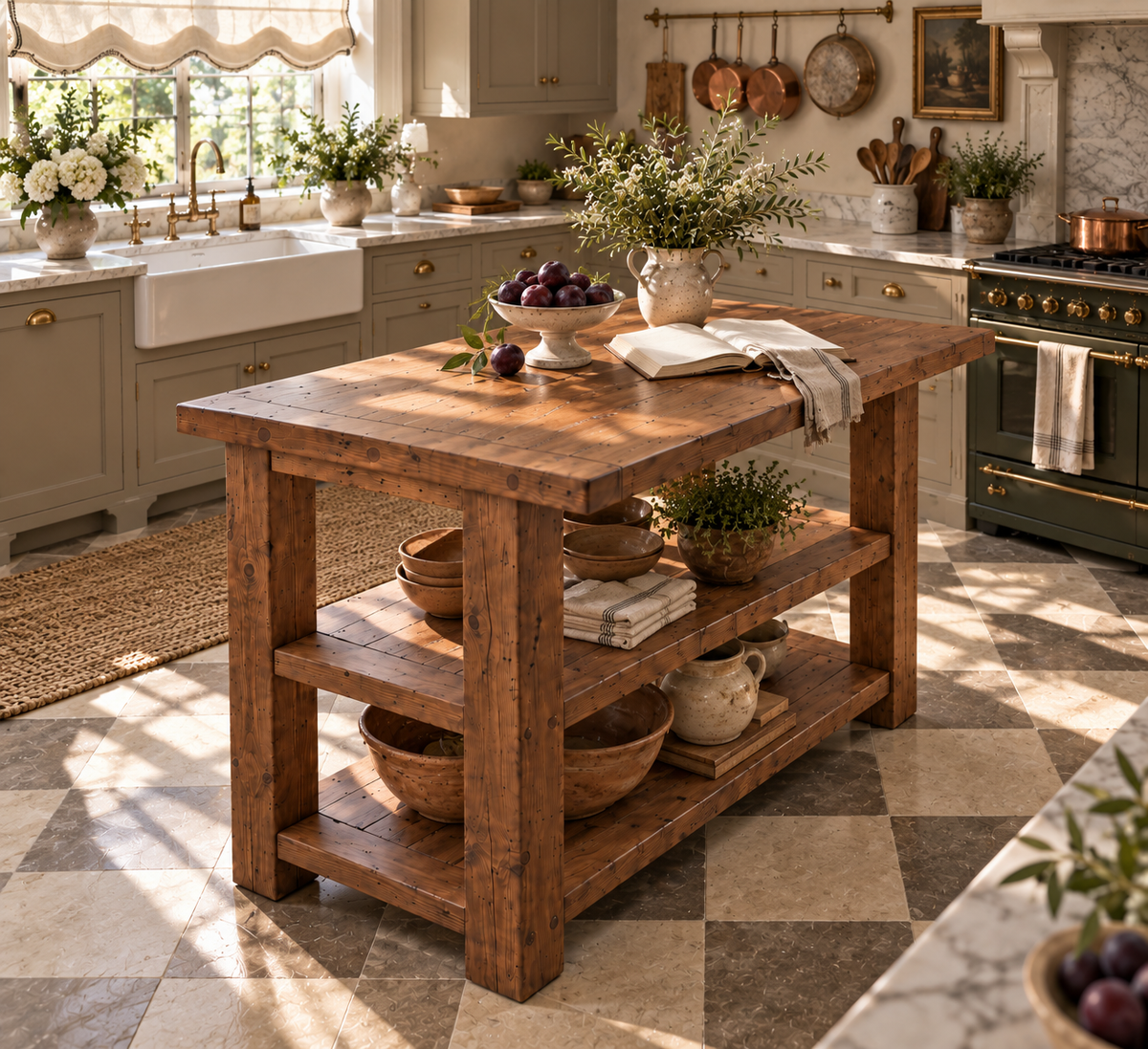 PEMBREY Walnut Colour Kitchen Island With Overhang / Breakfast Bar / Rustic Island