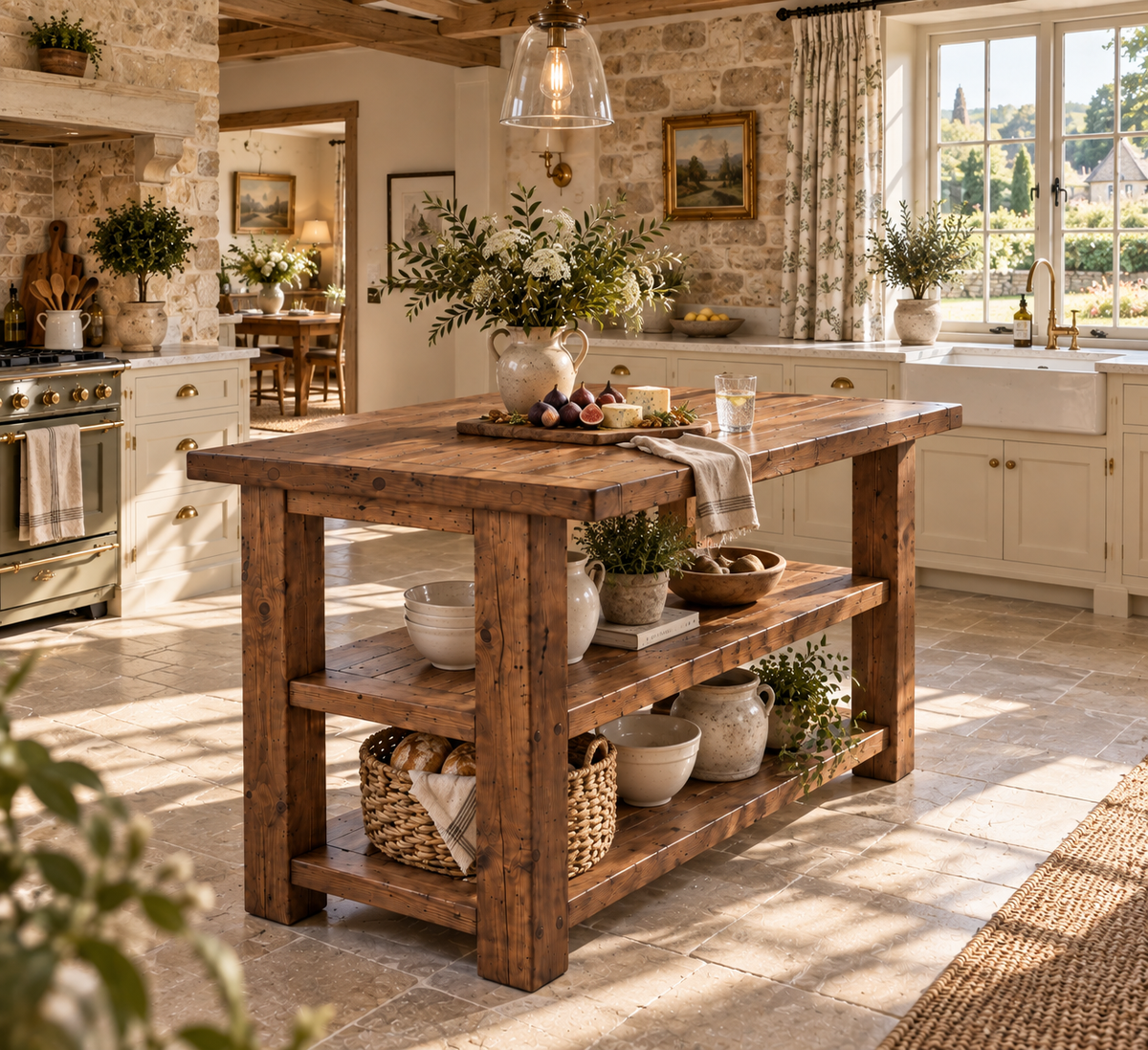 PEMBREY Walnut Colour Kitchen Island With Overhang / Breakfast Bar / Rustic Island