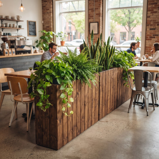 Planter Box Solid Wood Slatted Walnut Colour  / Tall Indoor Plant Divider For Cafe and Restaurants