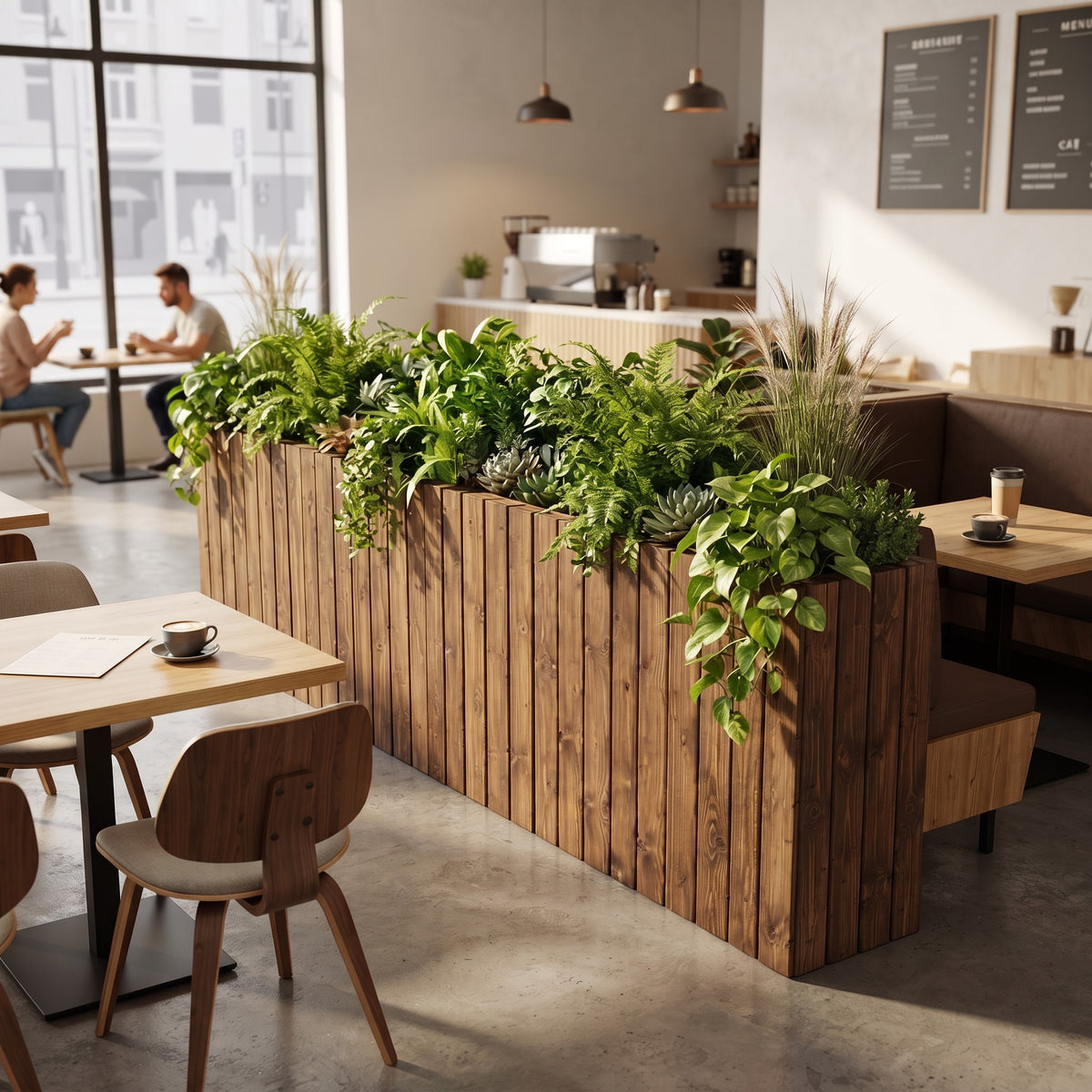 Planter Box Solid Wood Slatted Walnut Colour  / Tall Indoor Plant Divider For Cafe and Restaurants
