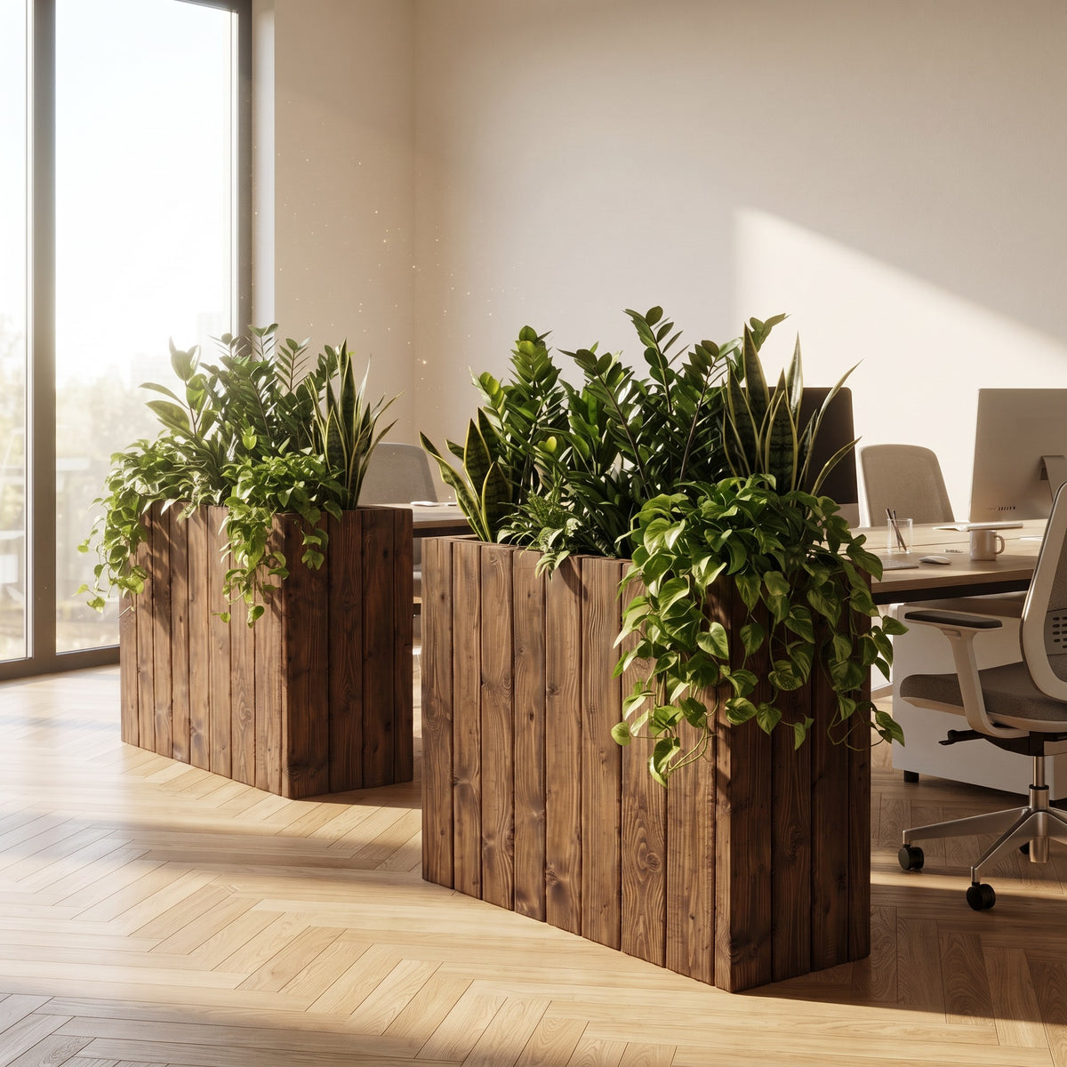 Planter Box Solid Wood Slatted Walnut Colour  / Tall Indoor Plant Divider For Cafe and Restaurants