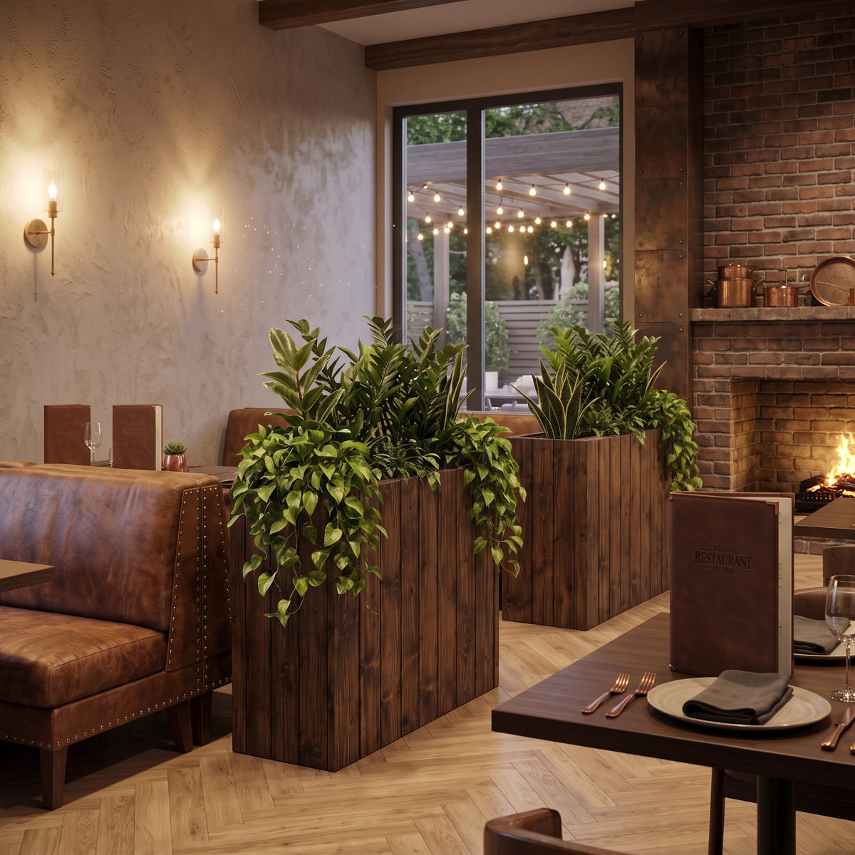 Planter Box Solid Wood Slatted Light Oak Colour  / Tall Indoor Plant Divider For Cafe and Restaurants