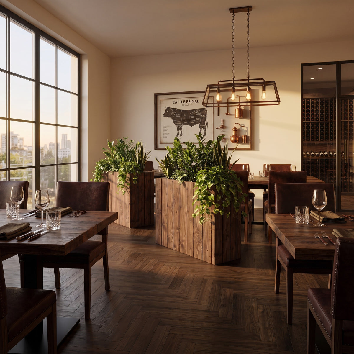 Planter Box Solid Wood Slatted Walnut Colour  / Tall Indoor Plant Divider For Cafe and Restaurants