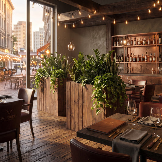Planter Box Solid Wood Slatted Walnut Colour  / Tall Indoor Plant Divider For Cafe and Restaurants