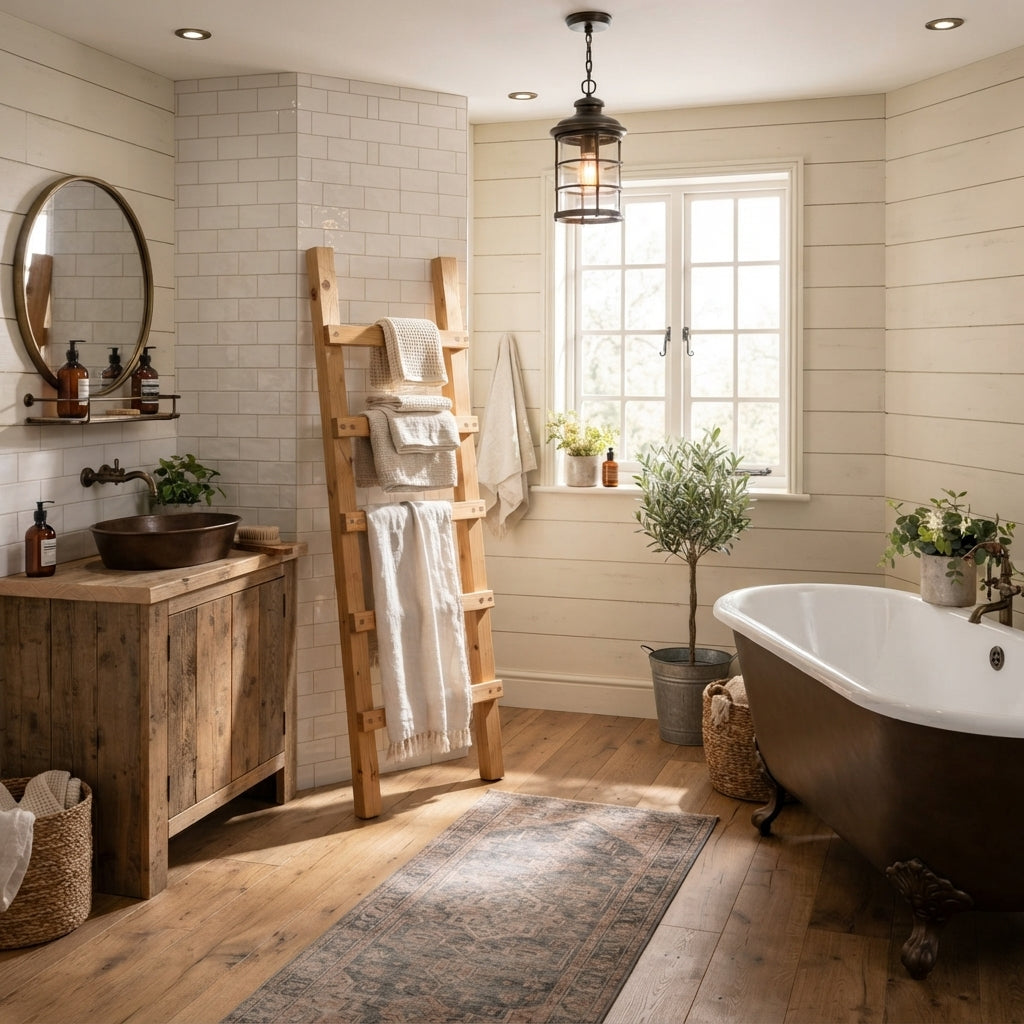 QUENBY Light Oak Colour Rustic Solid Wooden Towel Ladder | Freestanding Leaning Bathroom Towel Rail | Handmade Wood Blanket & Towel Rack