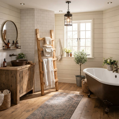 QUENBY Light Oak Colour Rustic Solid Wooden Towel Ladder | Freestanding Leaning Bathroom Towel Rail | Handmade Wood Blanket & Towel Rack