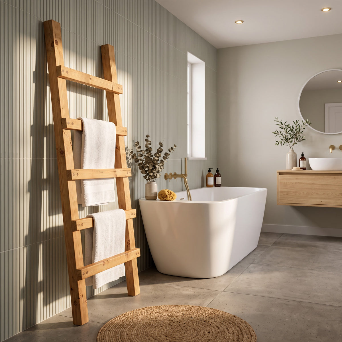 QUENBY Light Oak Colour Rustic Solid Wooden Towel Ladder | Freestanding Leaning Bathroom Towel Rail | Handmade Wood Blanket & Towel Rack