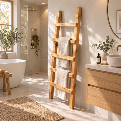 QUENBY Light Oak Colour Rustic Solid Wooden Towel Ladder | Freestanding Leaning Bathroom Towel Rail | Handmade Wood Blanket & Towel Rack