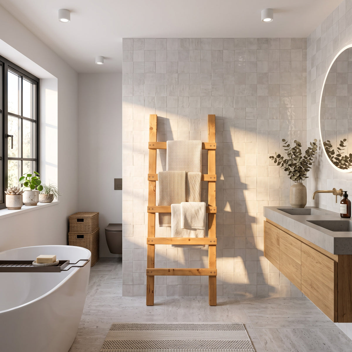 QUENBY Light Oak Colour Rustic Solid Wooden Towel Ladder | Freestanding Leaning Bathroom Towel Rail | Handmade Wood Blanket & Towel Rack