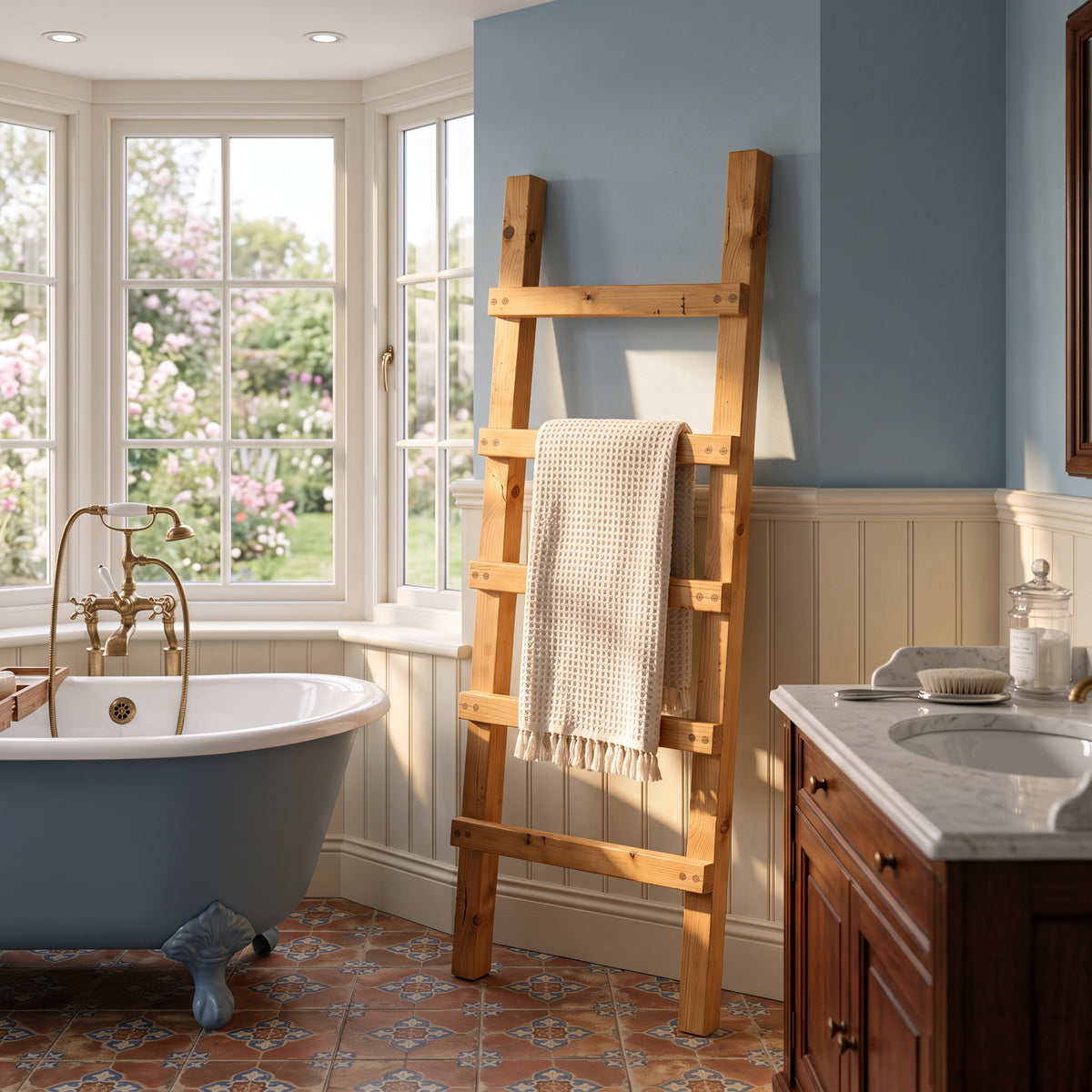 QUENBY Light Oak Colour Rustic Solid Wooden Towel Ladder | Freestanding Leaning Bathroom Towel Rail | Handmade Wood Blanket & Towel Rack