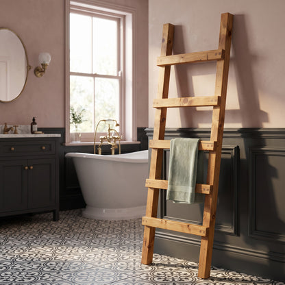 QUENBY Rustic Solid Wooden Towel Ladder | Freestanding Leaning Bathroom Towel Rail | Handmade Wood Blanket & Towel Rack