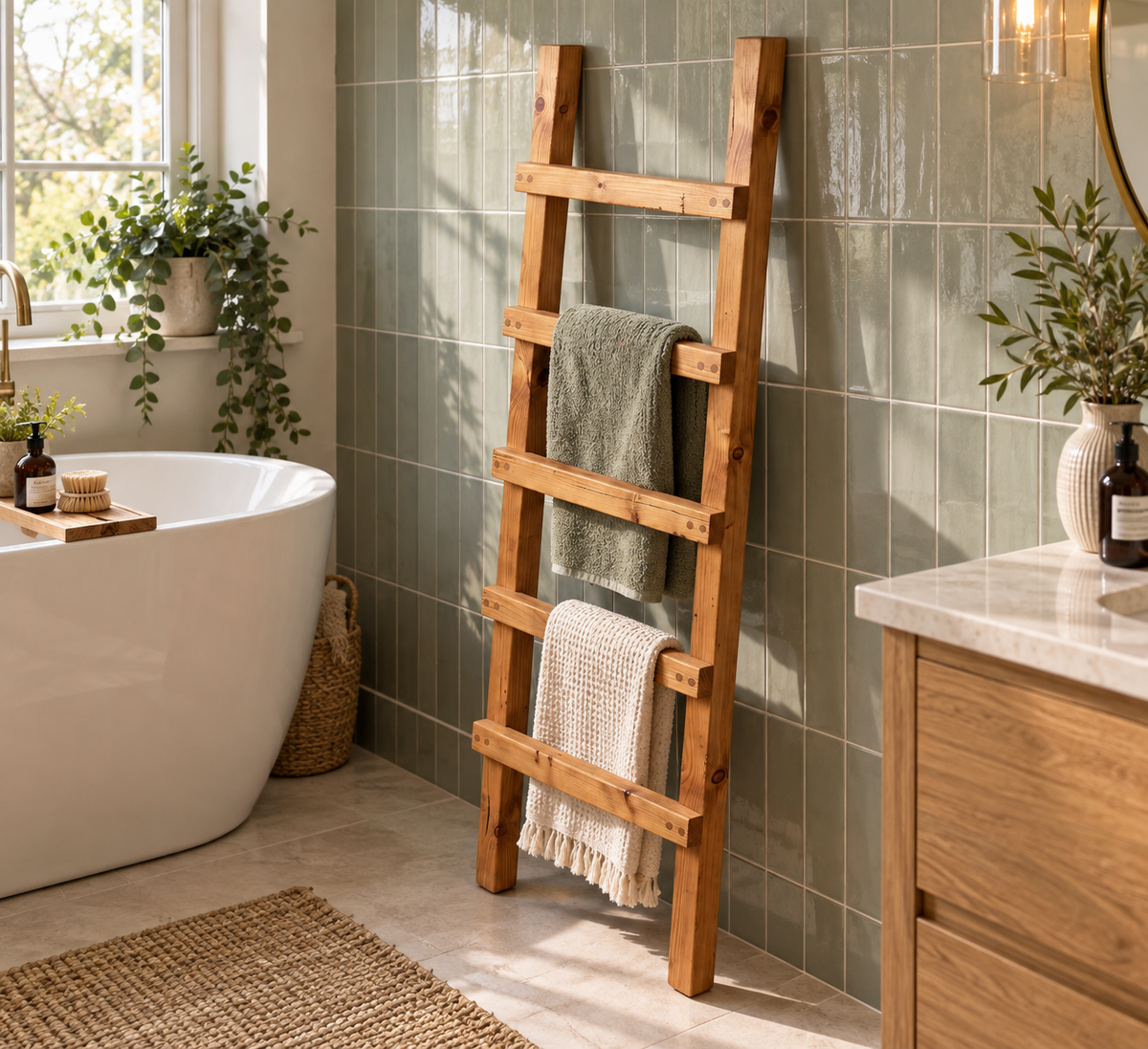 QUENBY Rustic Solid Wooden Towel Ladder | Freestanding Leaning Bathroom Towel Rail | Handmade Wood Blanket & Towel Rack