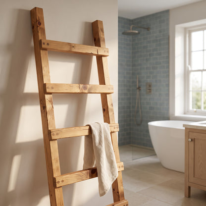 QUENBY Rustic Solid Wooden Towel Ladder | Freestanding Leaning Bathroom Towel Rail | Handmade Wood Blanket & Towel Rack