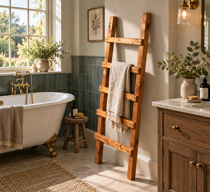 QUENBY Rustic Solid Wooden Towel Ladder | Freestanding Leaning Bathroom Towel Rail | Handmade Wood Blanket & Towel Rack