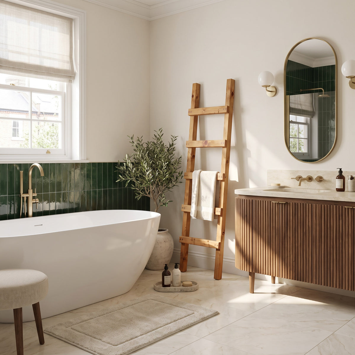 QUENBY Rustic Solid Wooden Towel Ladder | Freestanding Leaning Bathroom Towel Rail | Handmade Wood Blanket & Towel Rack