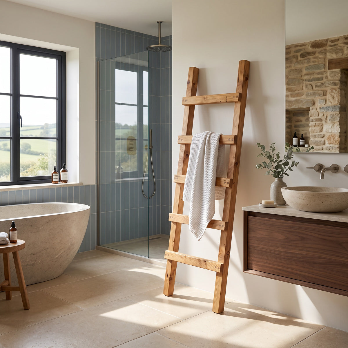 QUENBY Rustic Solid Wooden Towel Ladder | Freestanding Leaning Bathroom Towel Rail | Handmade Wood Blanket & Towel Rack