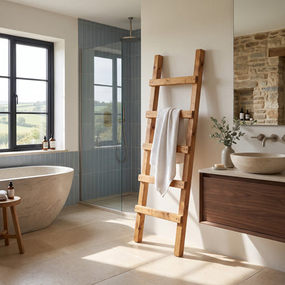 QUENBY Rustic Solid Wooden Towel Ladder | Freestanding Leaning Bathroom Towel Rail | Handmade Wood Blanket & Towel Rack