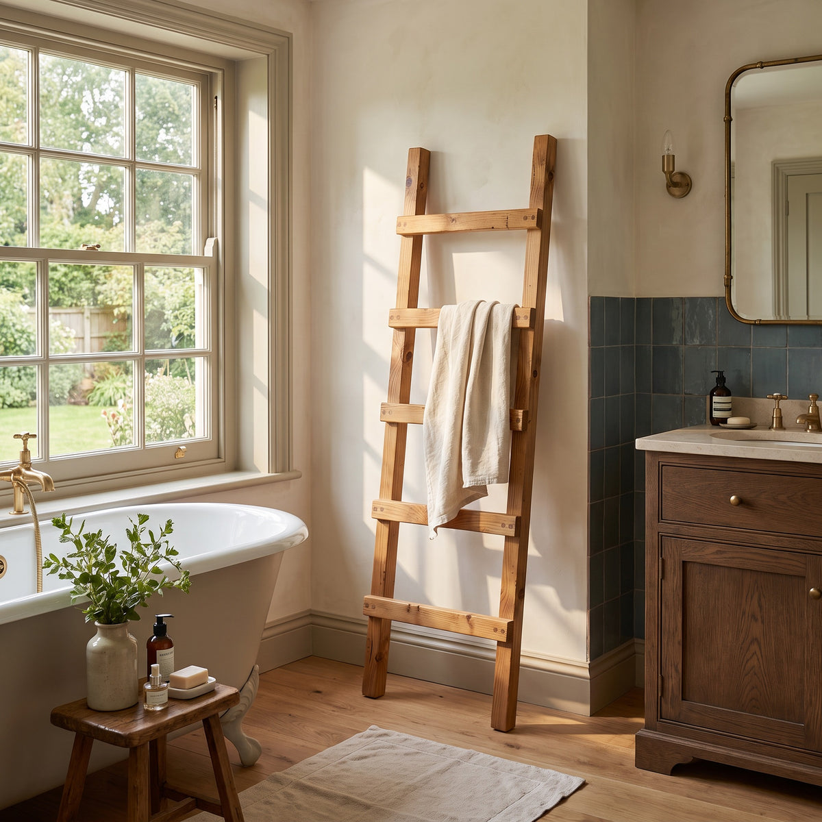 QUENBY Rustic Solid Wooden Towel Ladder | Freestanding Leaning Bathroom Towel Rail | Handmade Wood Blanket & Towel Rack