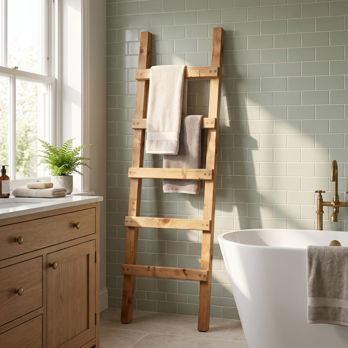 QUENBY Rustic Solid Wooden Towel Ladder | Freestanding Leaning Bathroom Towel Rail | Handmade Wood Blanket & Towel Rack