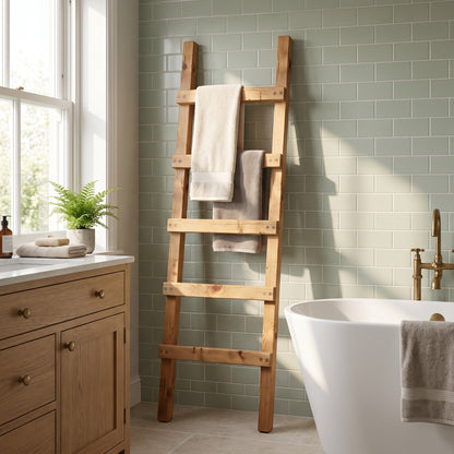QUENBY Rustic Solid Wooden Towel Ladder | Freestanding Leaning Bathroom Towel Rail | Handmade Wood Blanket & Towel Rack