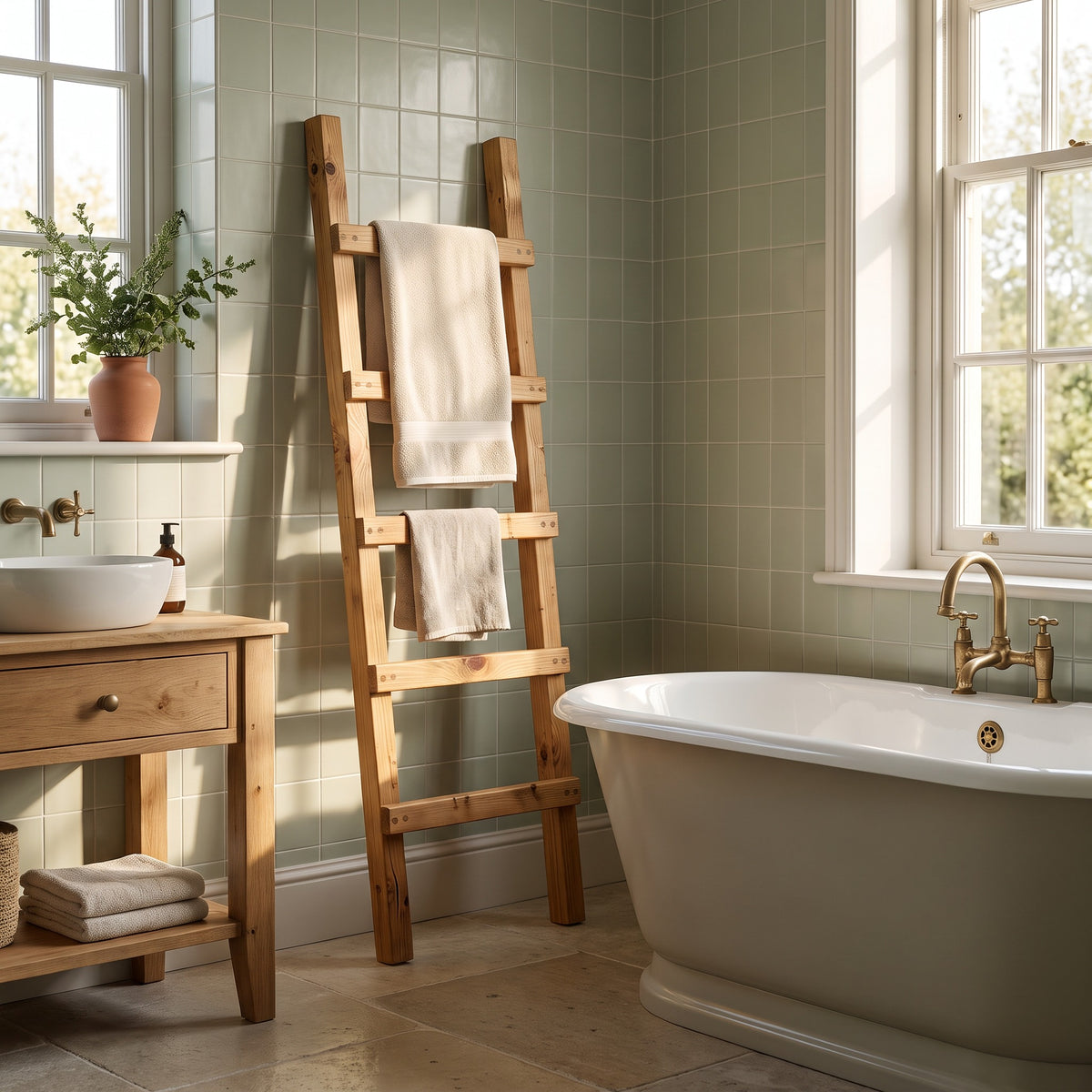 QUENBY Rustic Solid Wooden Towel Ladder | Freestanding Leaning Bathroom Towel Rail | Handmade Wood Blanket & Towel Rack