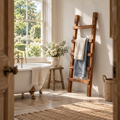 QUENBY Walnut Colour Rustic Solid Wooden Towel Ladder | Freestanding Leaning Bathroom Towel Rail | Handmade Wood Blanket & Towel Rack