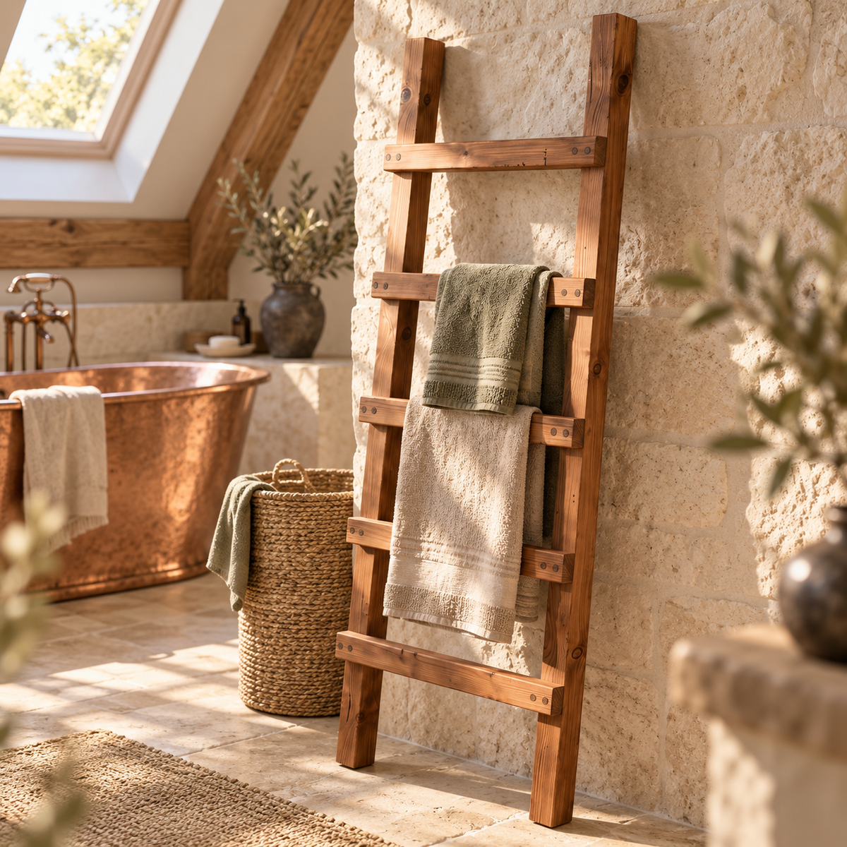 QUENBY Walnut Colour Rustic Solid Wooden Towel Ladder | Freestanding Leaning Bathroom Towel Rail | Handmade Wood Blanket & Towel Rack
