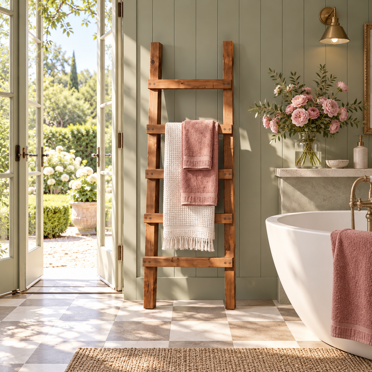 QUENBY Walnut Colour Rustic Solid Wooden Towel Ladder | Freestanding Leaning Bathroom Towel Rail | Handmade Wood Blanket & Towel Rack