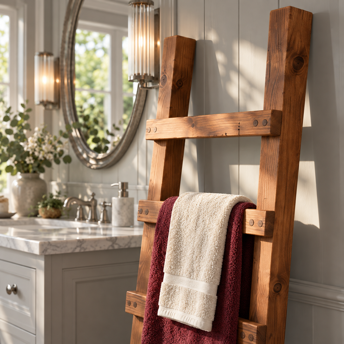 QUENBY Walnut Colour Rustic Solid Wooden Towel Ladder | Freestanding Leaning Bathroom Towel Rail | Handmade Wood Blanket & Towel Rack