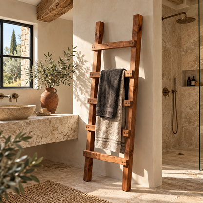 QUENBY Walnut Colour Rustic Solid Wooden Towel Ladder | Freestanding Leaning Bathroom Towel Rail | Handmade Wood Blanket & Towel Rack