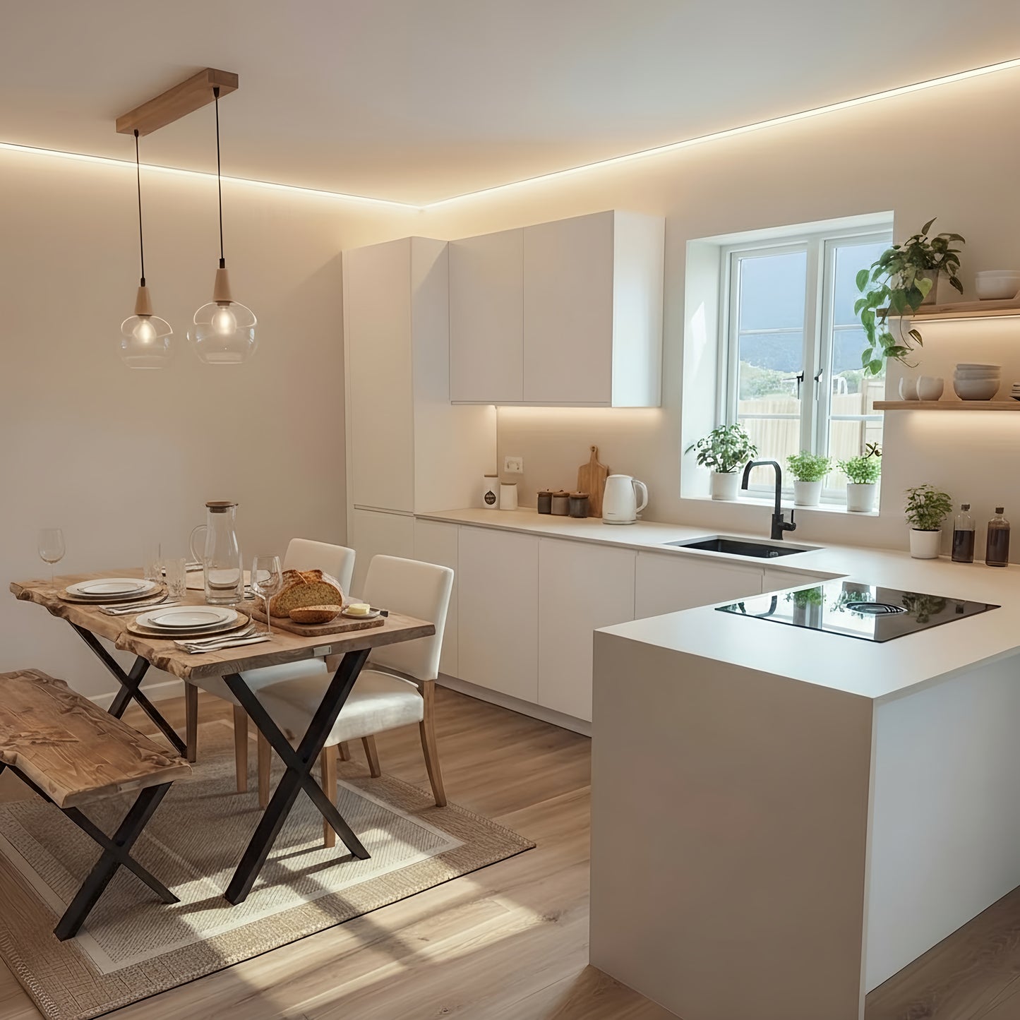 Live / Waney Edge Dining Table With Bench and X Cross Metal Legs