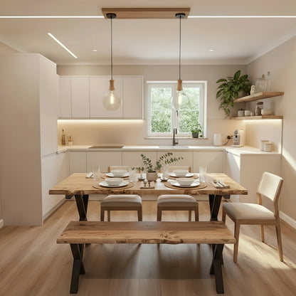 Live / Waney Edge Dining Table With Bench and X Cross Metal Legs