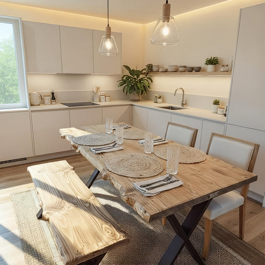 Live / Waney Edge Dining Table With Bench and X Cross Metal Legs